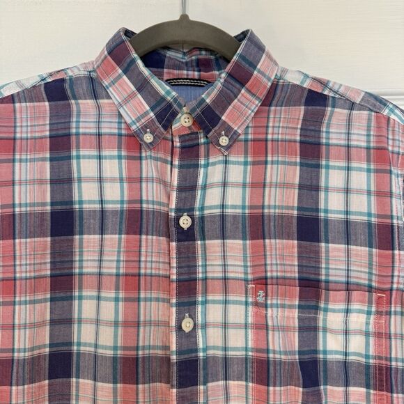 Men’s Izod Saltwater Relaxed Classics Pink/Blue Plaid Button-Down Shirt Size S - Picture 2 of 7